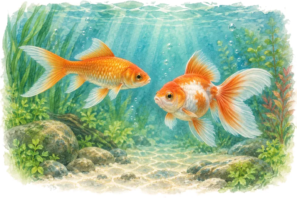 Illustration aquarelle : poisson rouge commun et poisson rouge japonais.