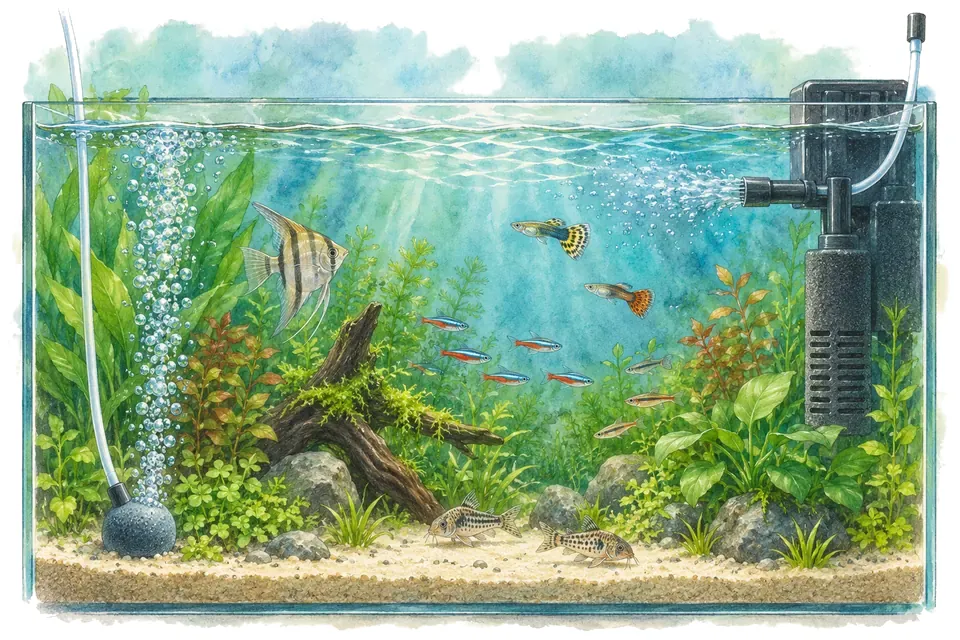 Illustration aquarelle : pompe à air et venturi.