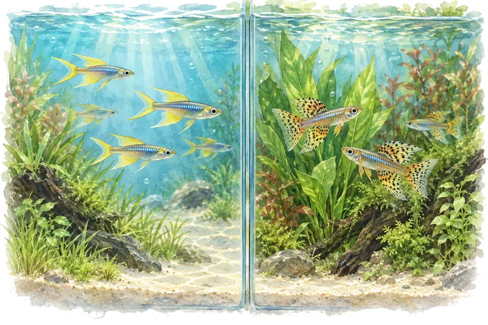 Illustration aquarelle : pseudomugil furcatus et pseudomugil gertrudae.