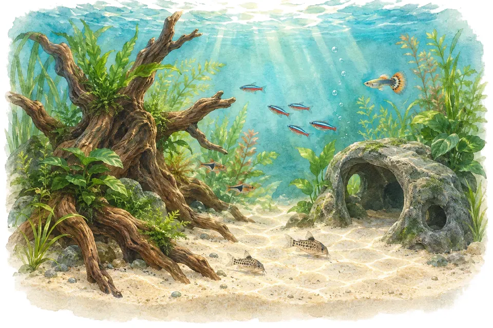 Illustration aquarelle : racine naturelle et décor en résine.