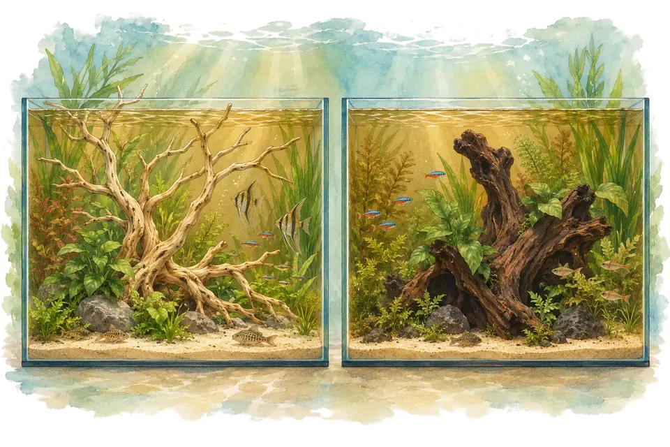 Illustration aquarelle : racine spider et bois de mopani.