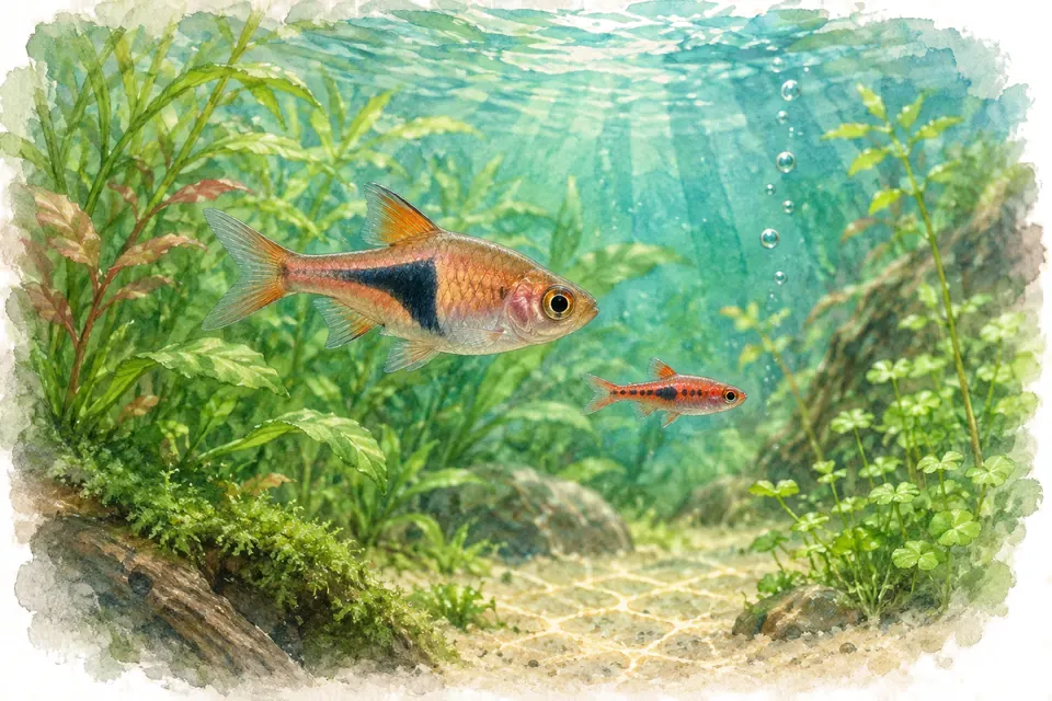 Illustration aquarelle : rasbora arlequin et Boraras brigittae.