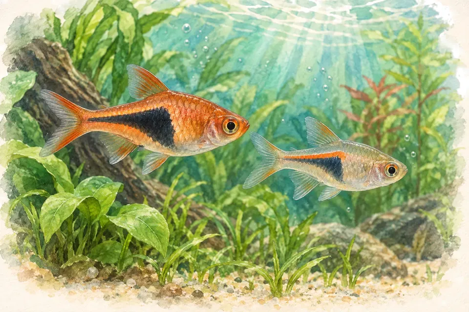 Illustration aquarelle : rasbora espei et rasbora hengeli.