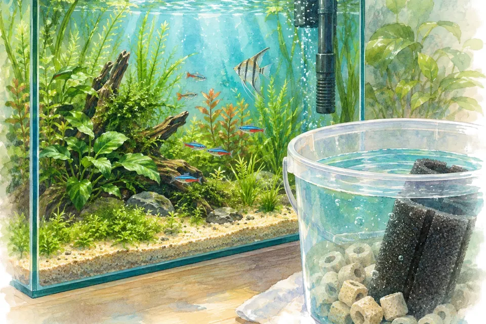 Illustration aquarelle : eau du robinet et eau de l’aquarium.