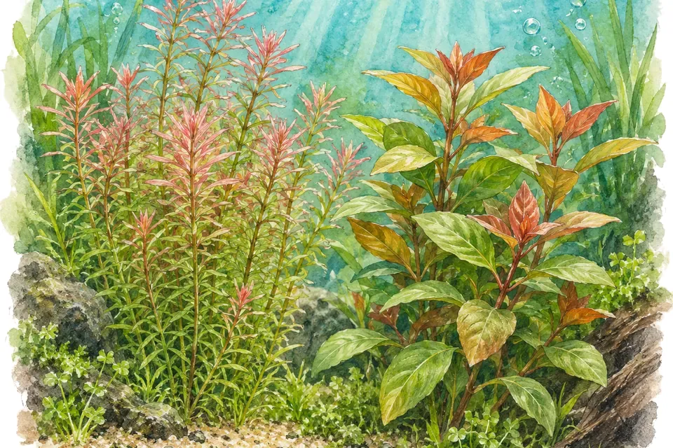 Illustration aquarelle : rotala rotundifolia et ludwigia repens.