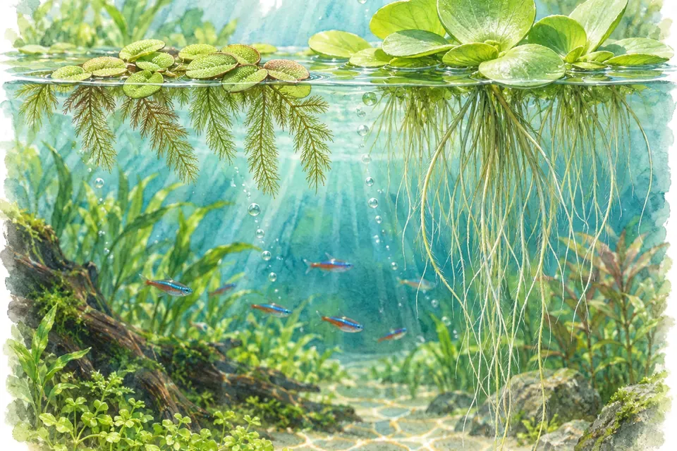 Illustration aquarelle : salvinia natans et limnobium laevigatum.