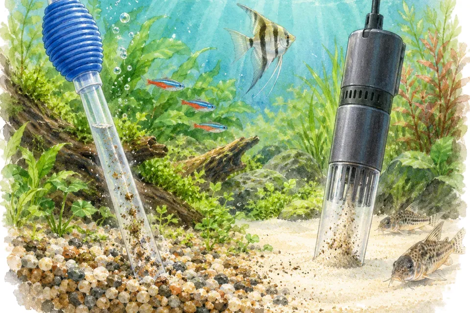 Illustration aquarelle : siphon manuel et aspirateur électrique.