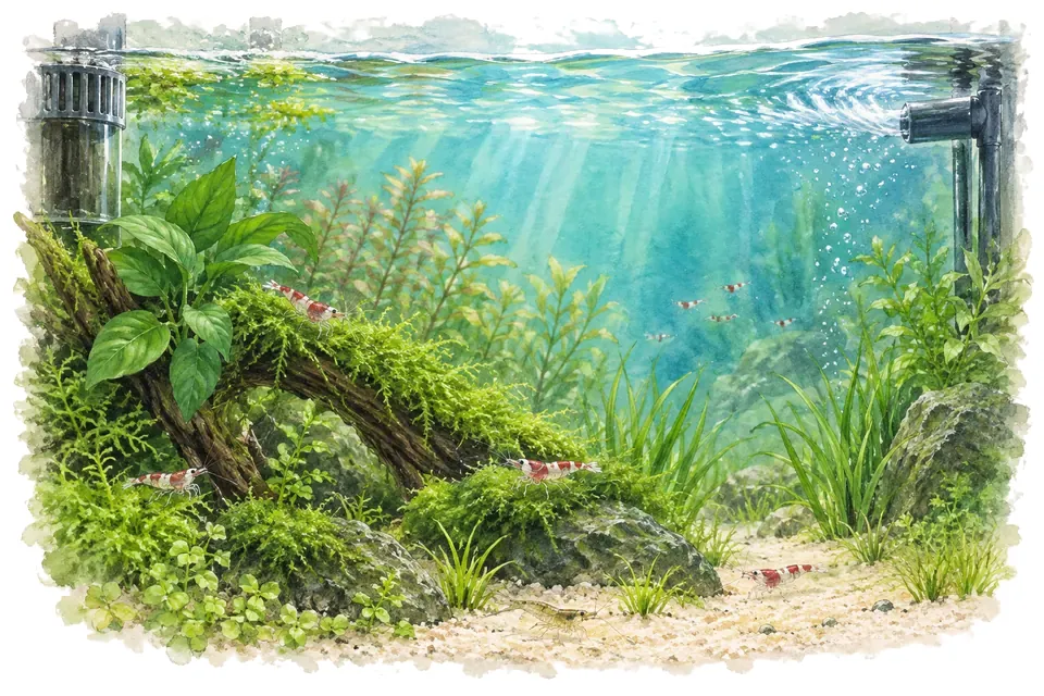 Illustration aquarelle : skimmer de surface et rejet orienté vers la surface.