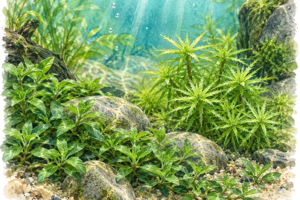 Illustration aquarelle : staurogyne repens et pogostemon helferi.