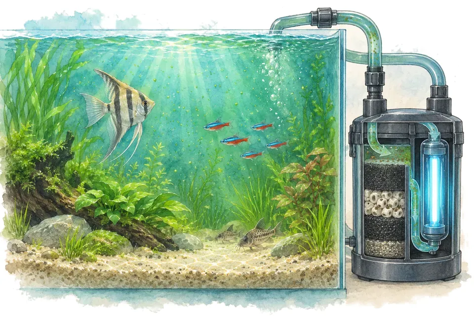 Illustration aquarelle : stérilisateur UV et filtration fine.