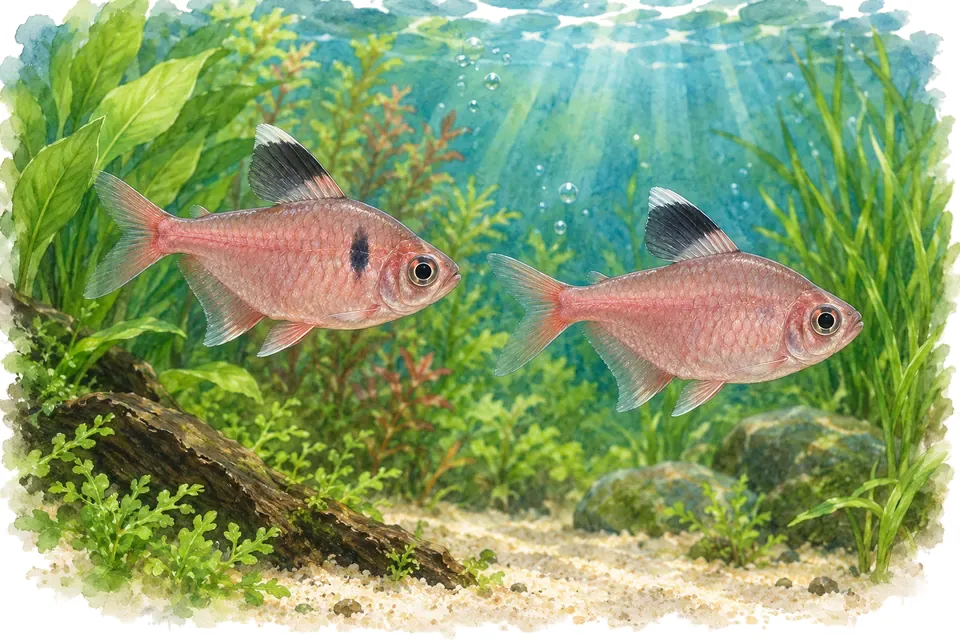 Illustration aquarelle : tétra bentosi et tétra rose.