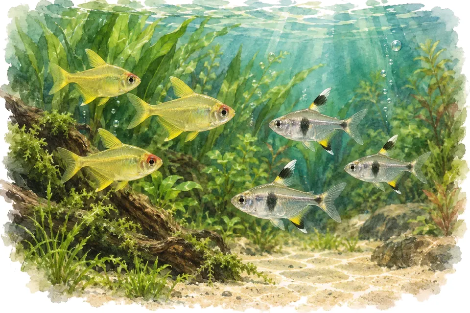 Illustration aquarelle : tétra citron et pristella.