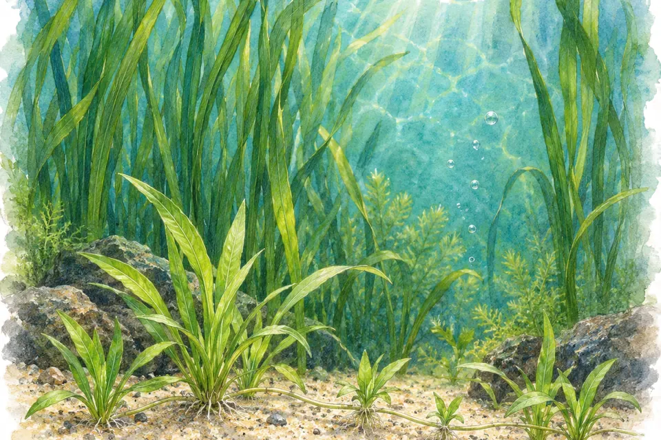 Illustration aquarelle : vallisneria spiralis et sagittaria subulata.