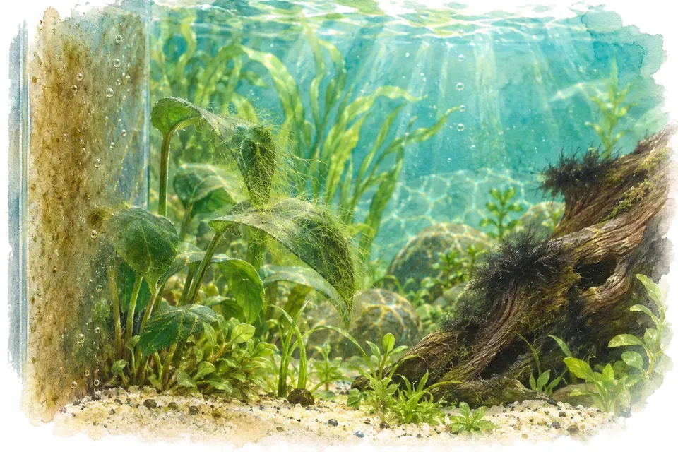 Illustration aquarelle : Les algues en aquarium : identifier les causes et agir.