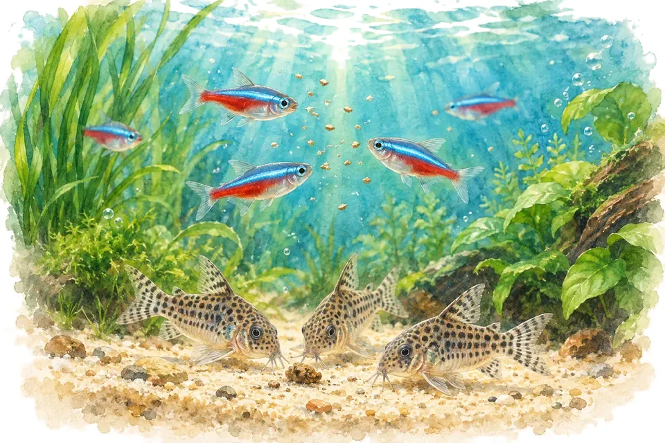 Illustration aquarelle : Bien nourrir les poissons d’eau douce.