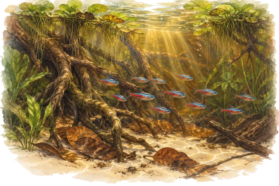 Illustration aquarelle : Concevoir un aquarium d’inspiration amazonienne.