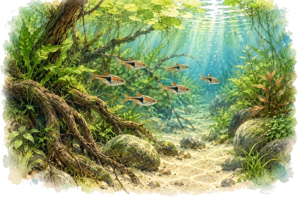 Illustration aquarelle : Concevoir un aquarium d’inspiration asiatique.