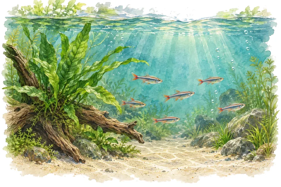 Illustration aquarelle : L’aquarium low-tech : principes et limites.