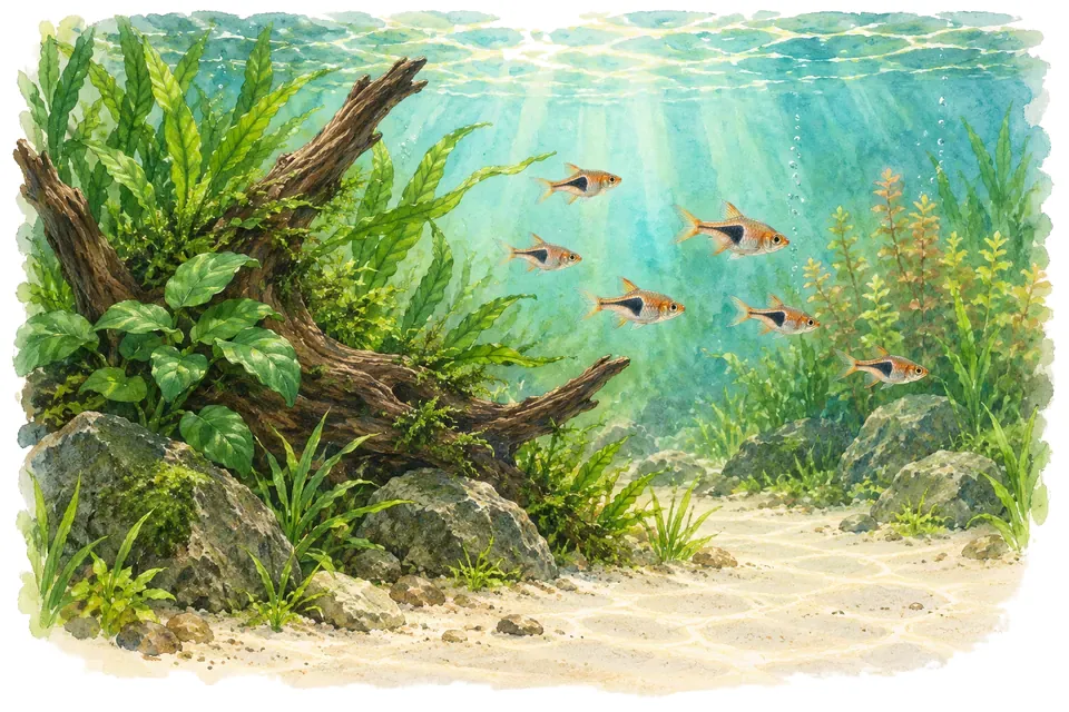 Illustration aquarelle : L’aquascaping : concevoir un paysage aquatique.