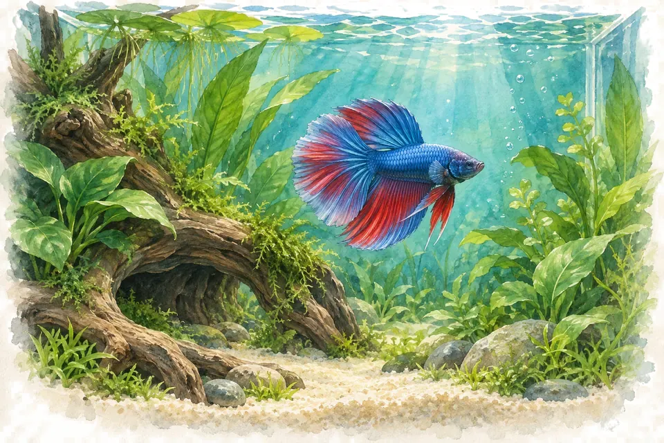 Illustration aquarelle : Le Betta splendens et son aquarium.