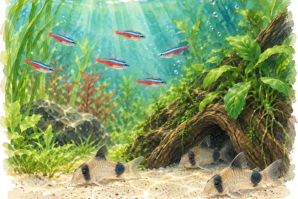 Illustration aquarelle : Comprendre le comportement et le bien-être des poissons.