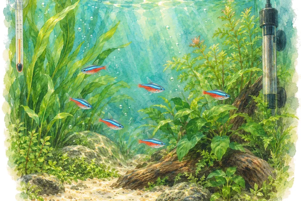 Illustration aquarelle : Gérer la température de l’aquarium toute l’année.