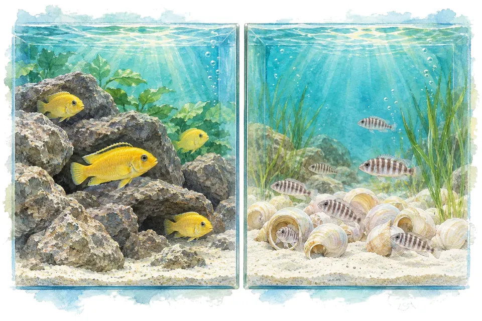 Illustration aquarelle : Les cichlidés du Malawi et du Tanganyika.