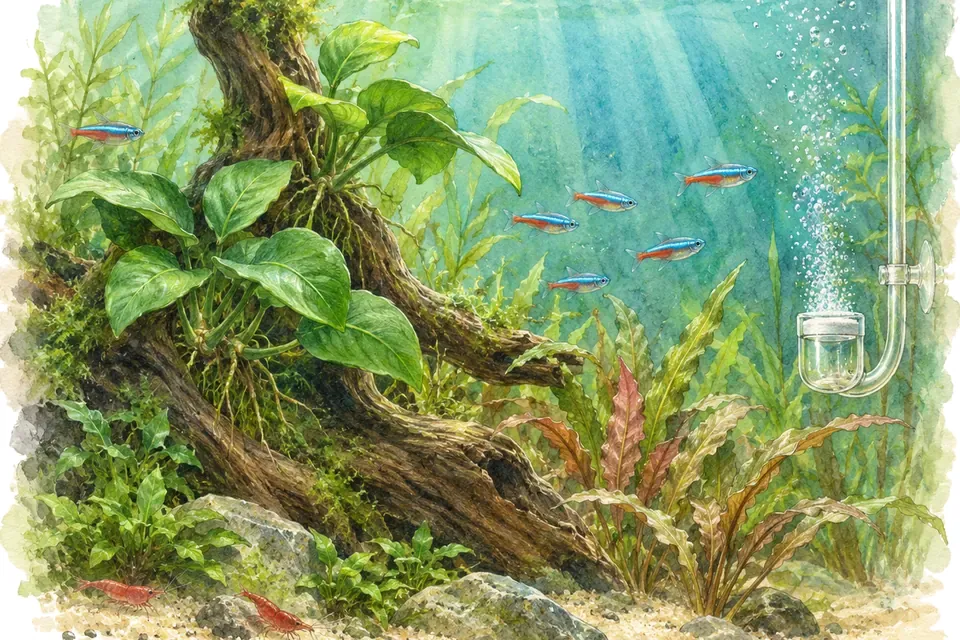 Illustration aquarelle : CO₂ et fertilisation en aquarium planté.