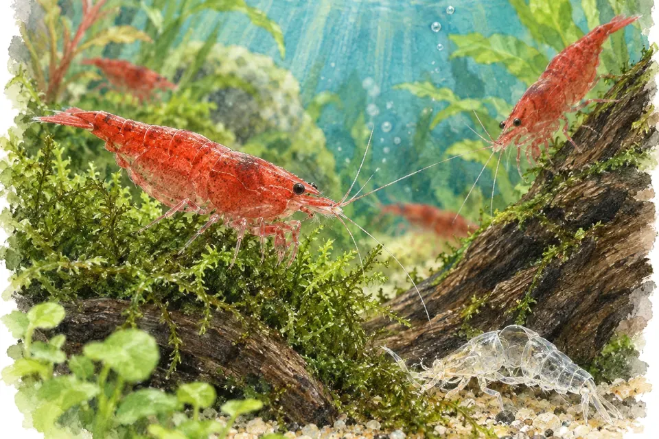 Illustration aquarelle : Maintenir des crevettes d’eau douce.