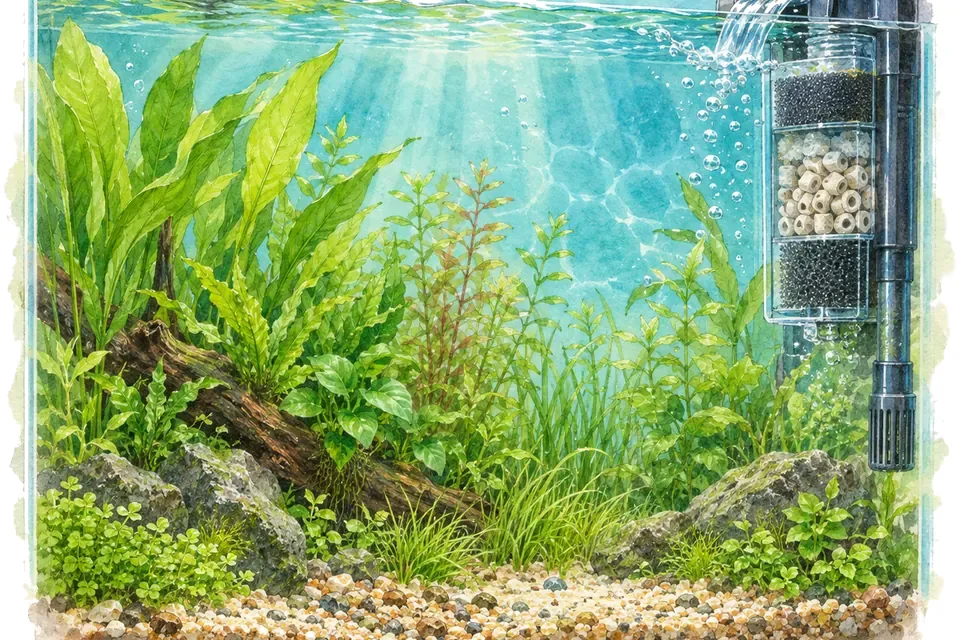 Illustration aquarelle : Le cycle de l’azote et le démarrage de l’aquarium.