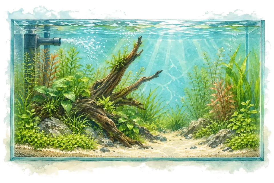 Illustration aquarelle : Débuter en aquarium d’eau douce.