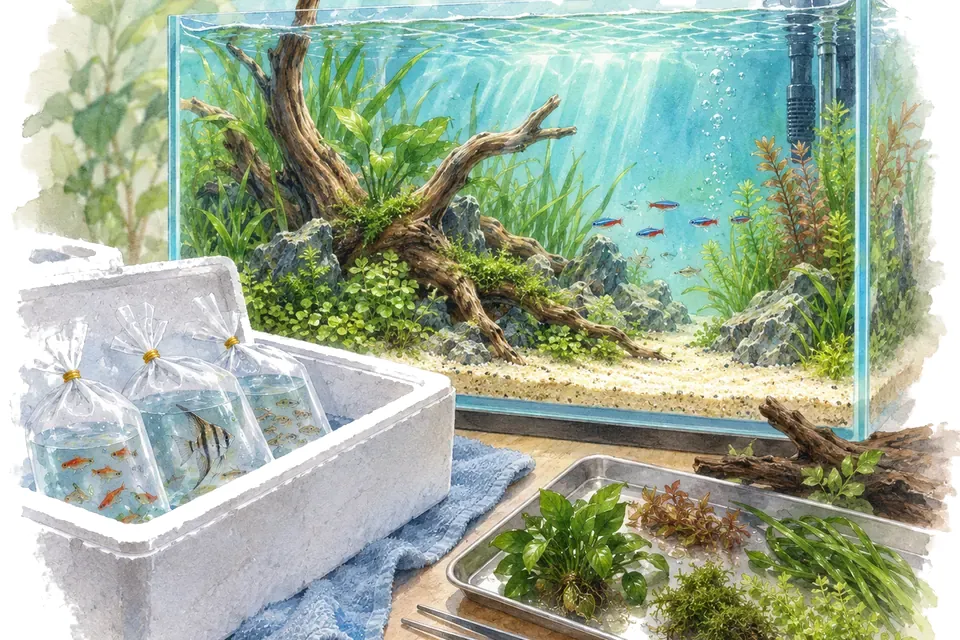 Illustration aquarelle : Déménager un aquarium.