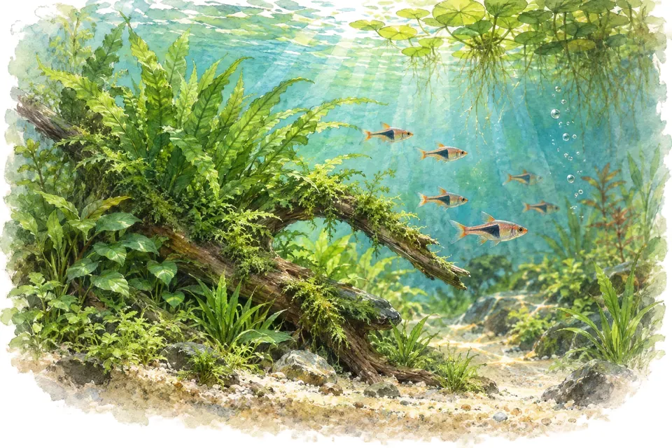 Illustration aquarelle : L’éclairage d’un aquarium planté.