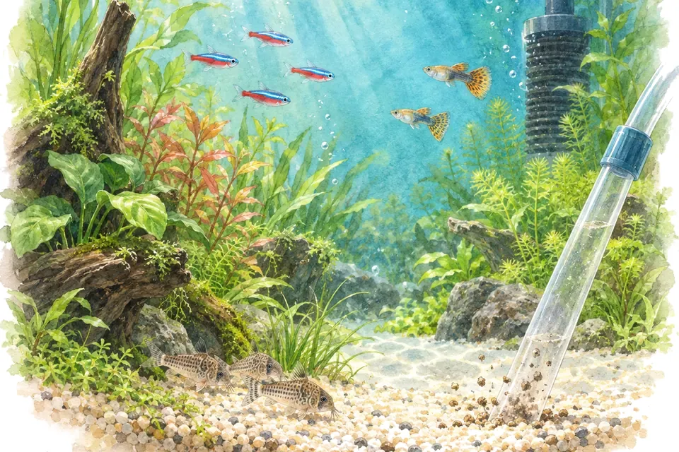 Illustration aquarelle : Organiser l’entretien de son aquarium.