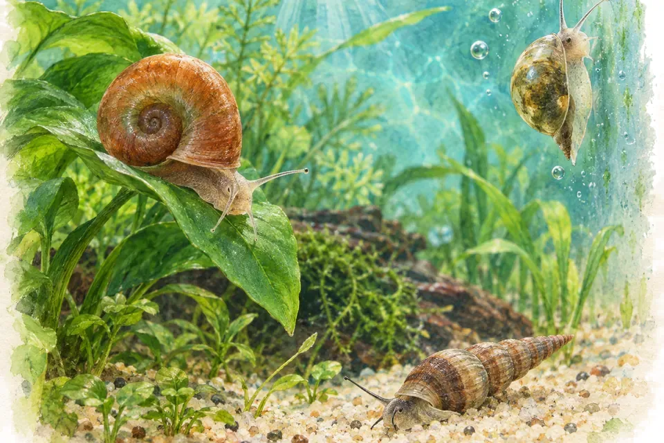 Illustration aquarelle : Les escargots dans l’aquarium.
