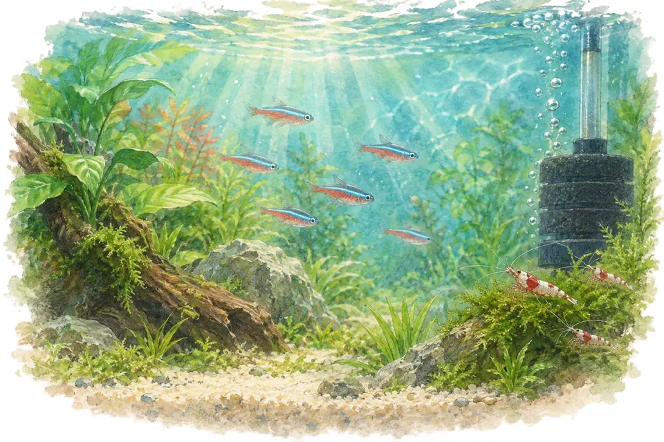 Illustration aquarelle : Choisir et entretenir la filtration de son aquarium.