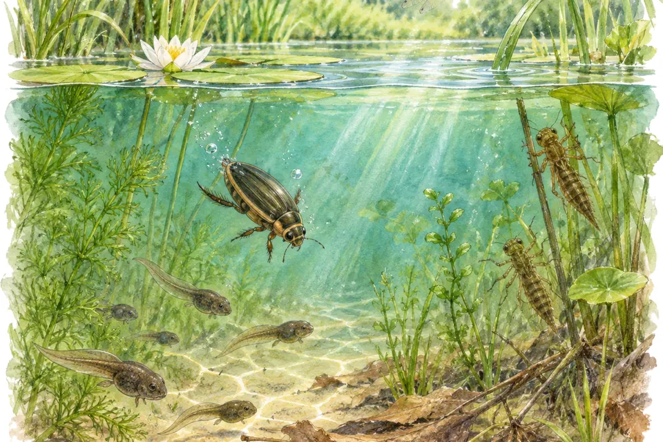 Illustration aquarelle : Mares et zones humides : comprendre ces milieux d'eau douce.
