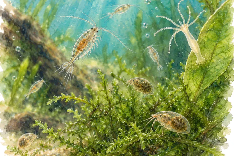 Illustration aquarelle : La microfaune de l’aquarium.