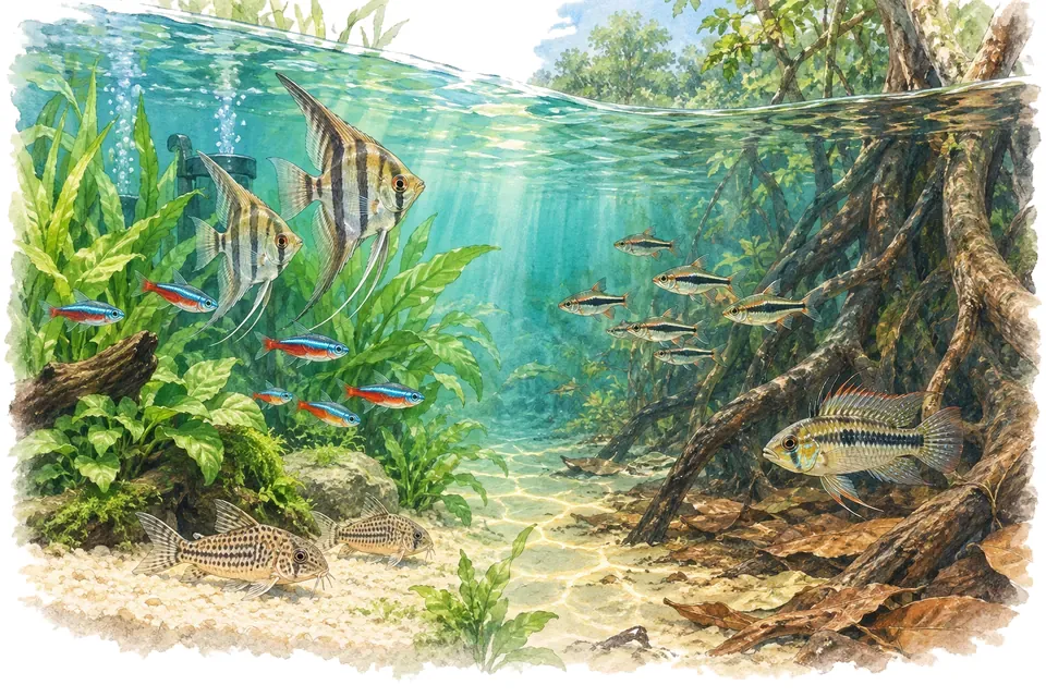Illustration aquarelle : D’où viennent les poissons d’aquarium ?