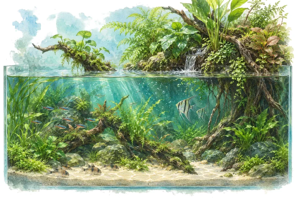 Illustration aquarelle : Le paludarium, entre eau et végétation émergée.