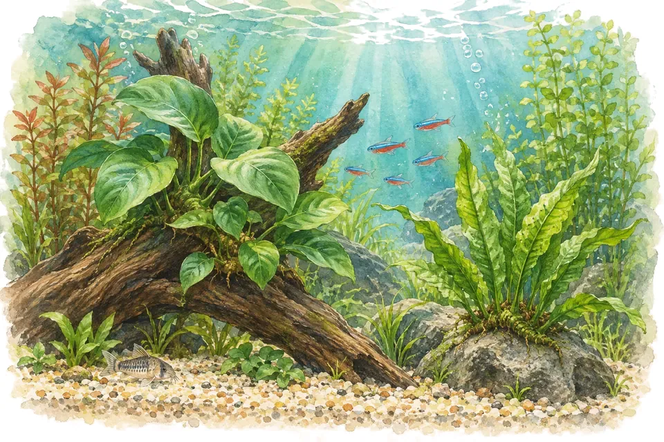 Illustration aquarelle : Les plantes d’aquarium, du choix à l’entretien.
