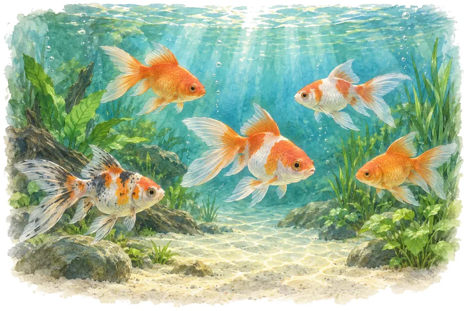 Illustration aquarelle : Le poisson rouge : un aquarium adapté à ses besoins.