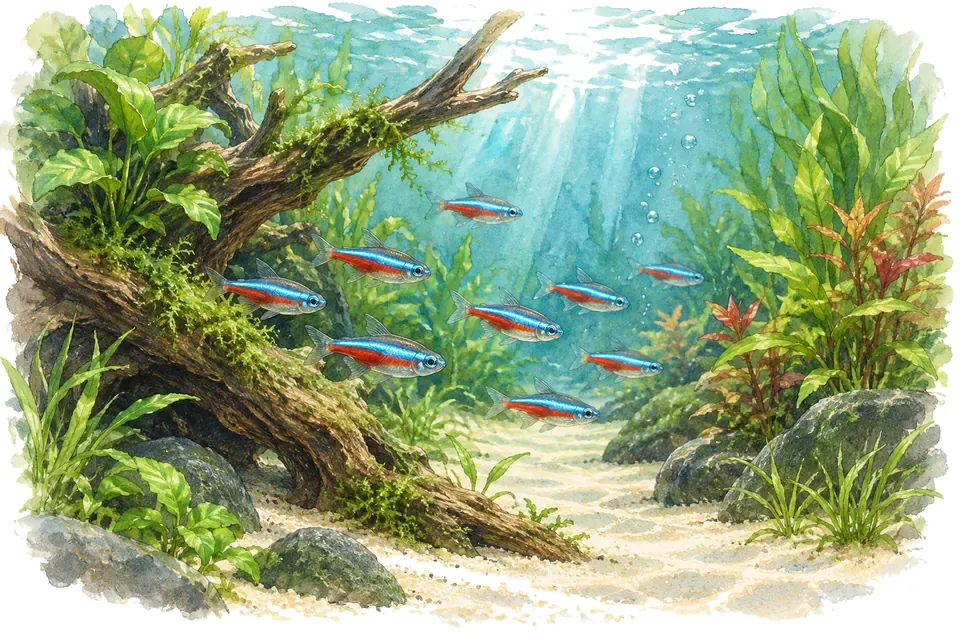 Illustration aquarelle : Composer la population d’un aquarium communautaire.