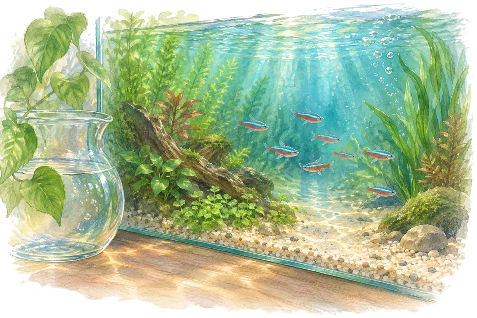 Illustration aquarelle : Eau du robinet, eau osmosée : préparer l’eau de son aquarium.
