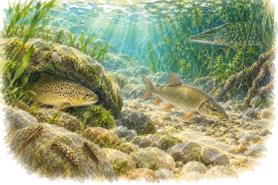 Illustration aquarelle : Les rivières françaises et leurs habitants.
