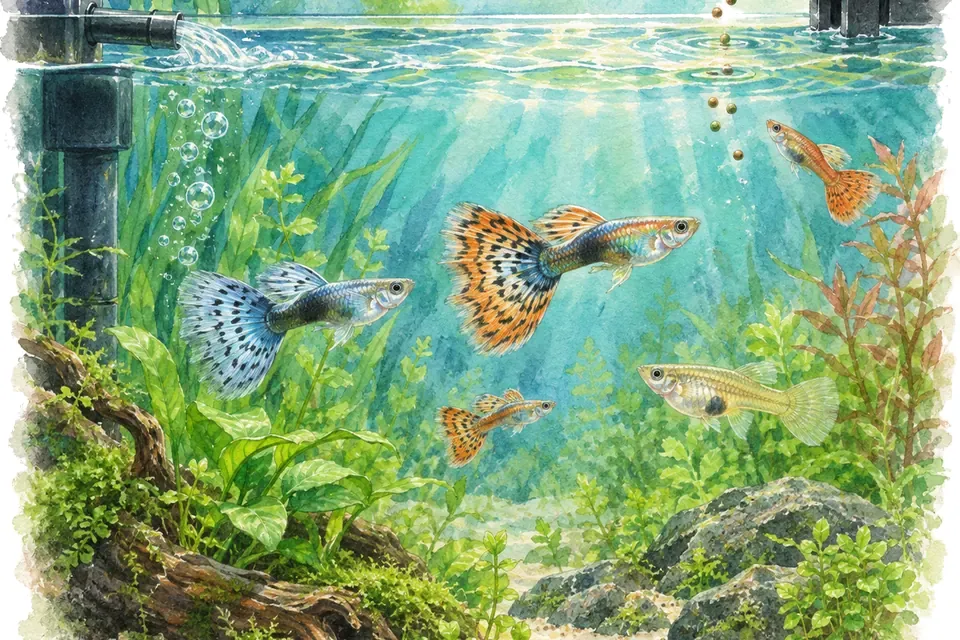 Illustration aquarelle : Préparer son aquarium avant les vacances.