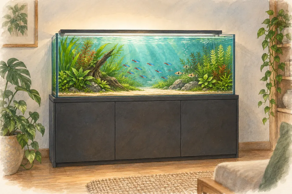 Illustration aquarelle : Choisir le volume et l’emplacement d’un aquarium.
