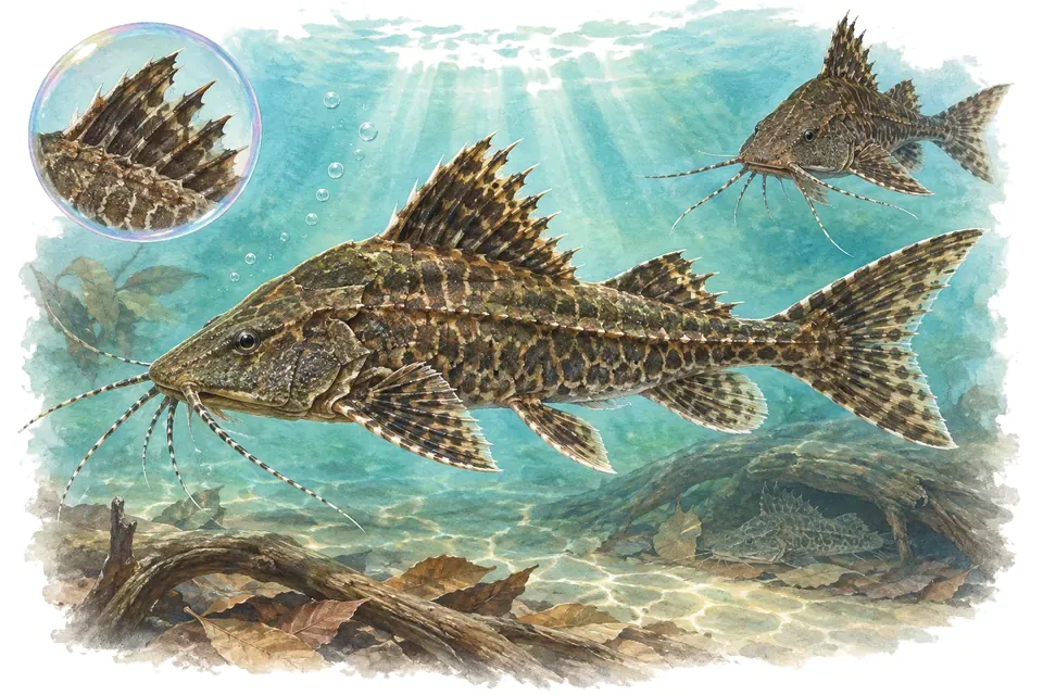 Aquarelle : Acanthodoras épineux (Acanthodoras spinosissimus) dans une eau turquoise lumineuse, avec une vue de trois quarts et un détail dans une bulle.