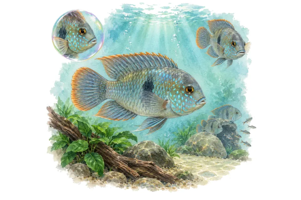 Aquarelle : Acara bleu (Andinoacara pulcher) dans une eau turquoise lumineuse, avec une vue de trois quarts et un détail dans une bulle.