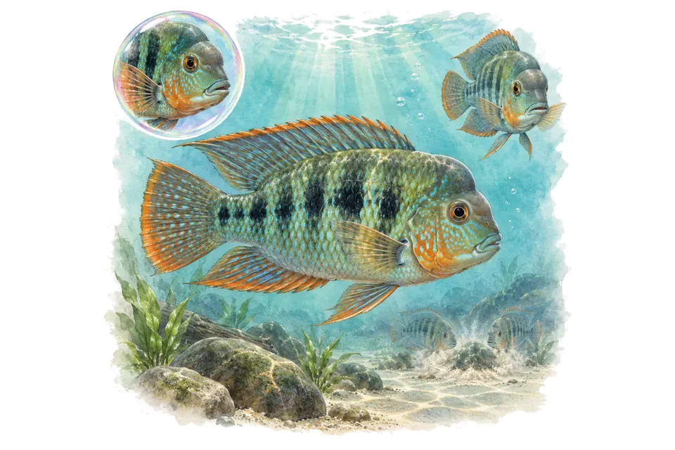 Aquarelle : Acara du Venezuela (Andinoacara rivulatus) dans une eau turquoise lumineuse, avec une vue de trois quarts et un détail dans une bulle.